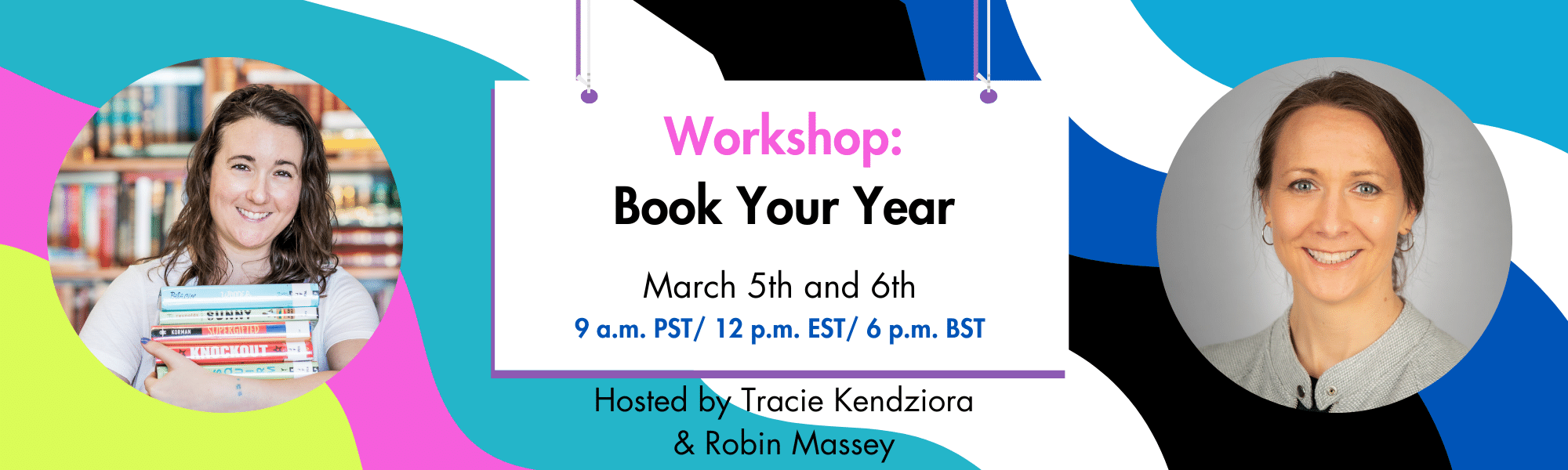 Book Your Year workshop banner with multiple colors and photos of 2 women